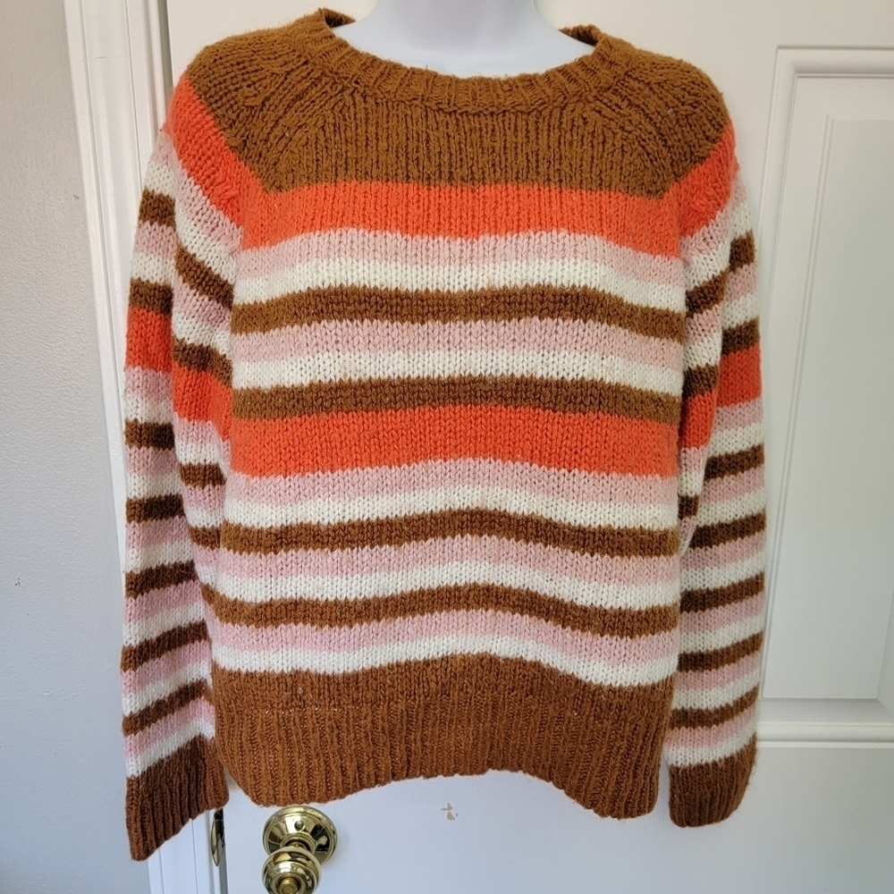 Lumiere Brown Pink Striped Fuzzy Sweater Long Sleeve Wool Blend Cozy Size XS